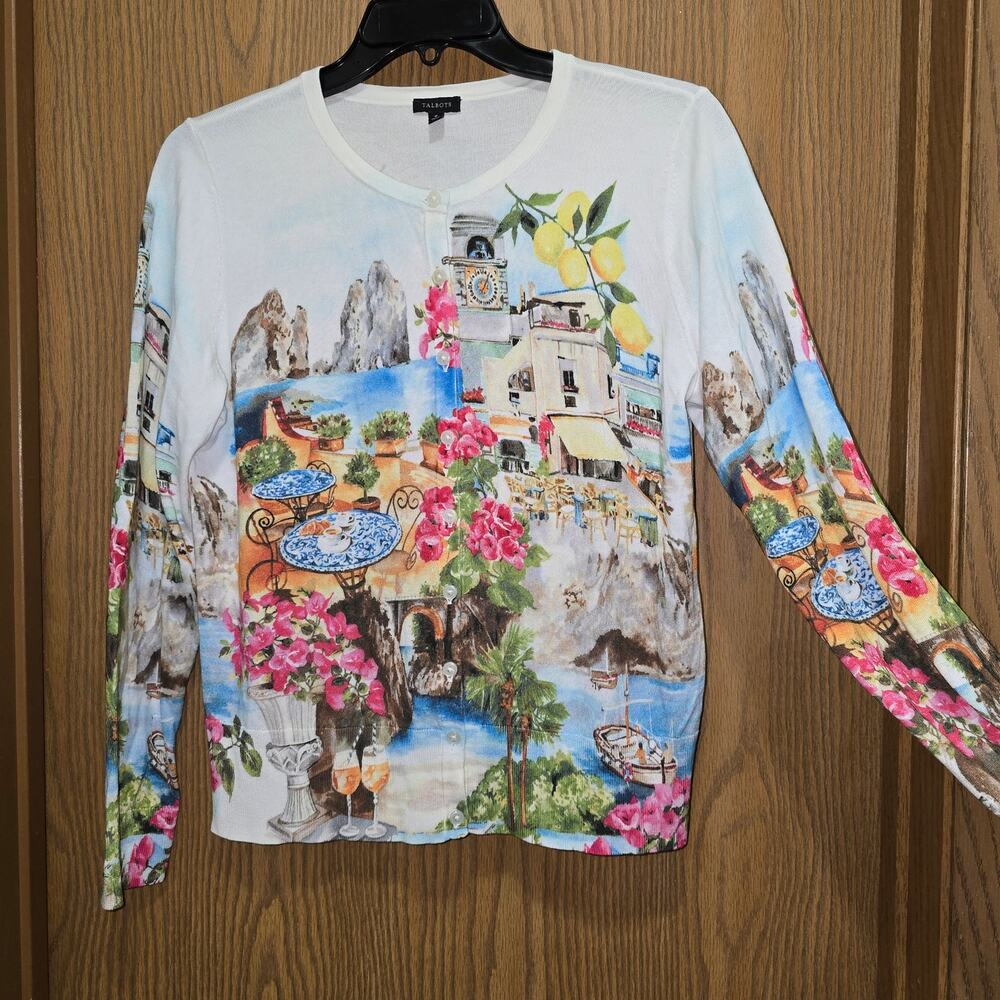 Talbots Capri Amalfi Coastal Charming Italy Lemon Scenic Novelty Cardigan M